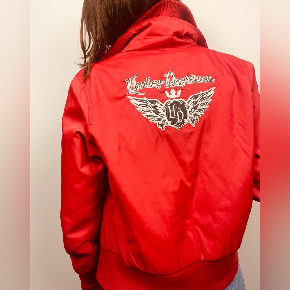 Y2K Harley Davidson Red Quilted Puffer Jacket | Embroidered Logo | Women’s L